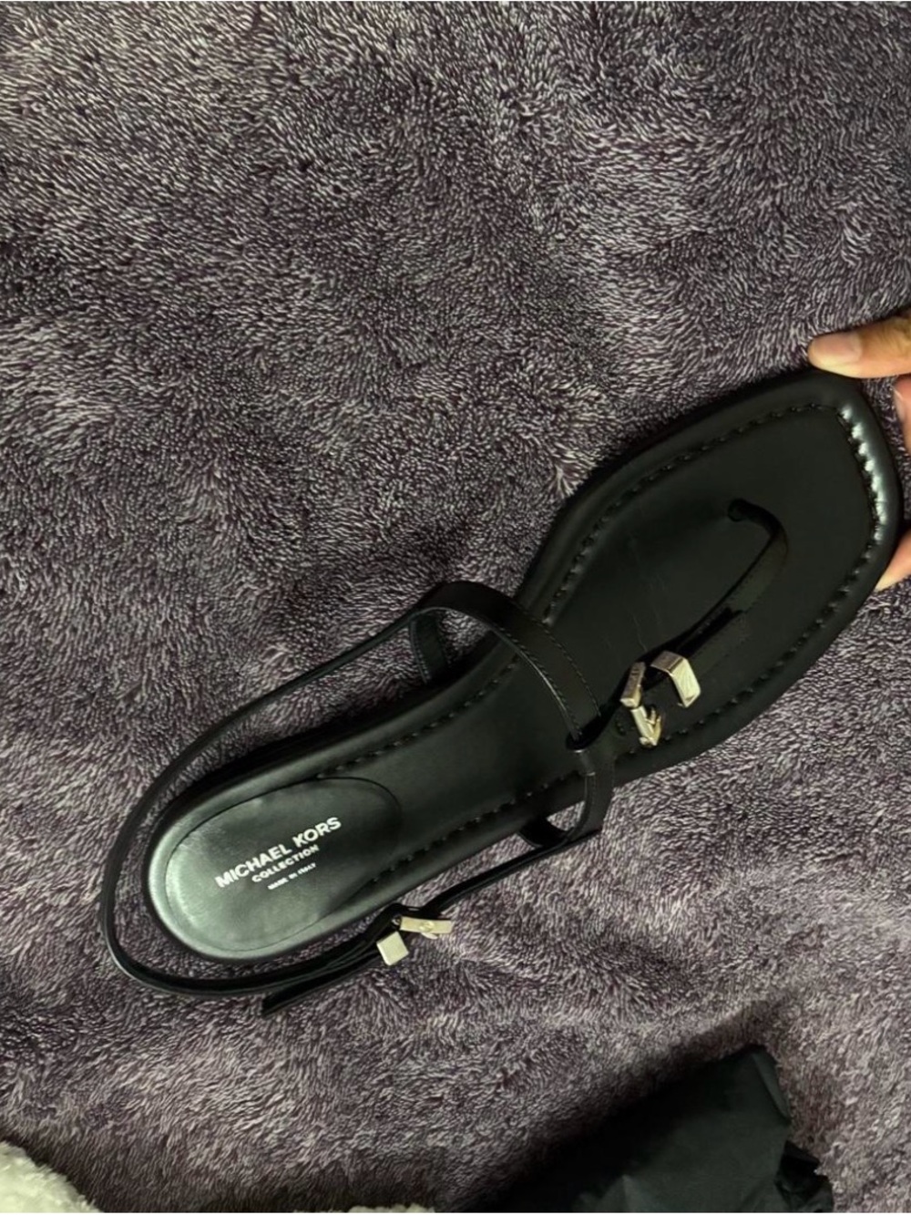 Michael Kors Black Leather Toe-Ring Slingback Sandal with Gold Accents